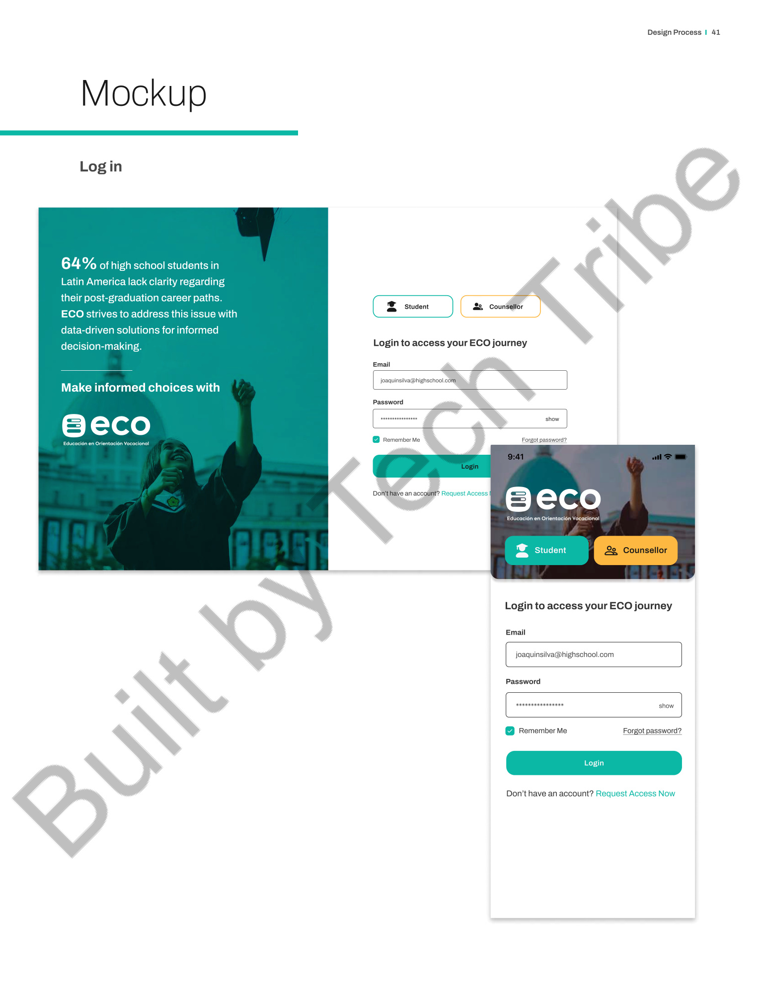 ECO app mockup, login screen desktop and mobile