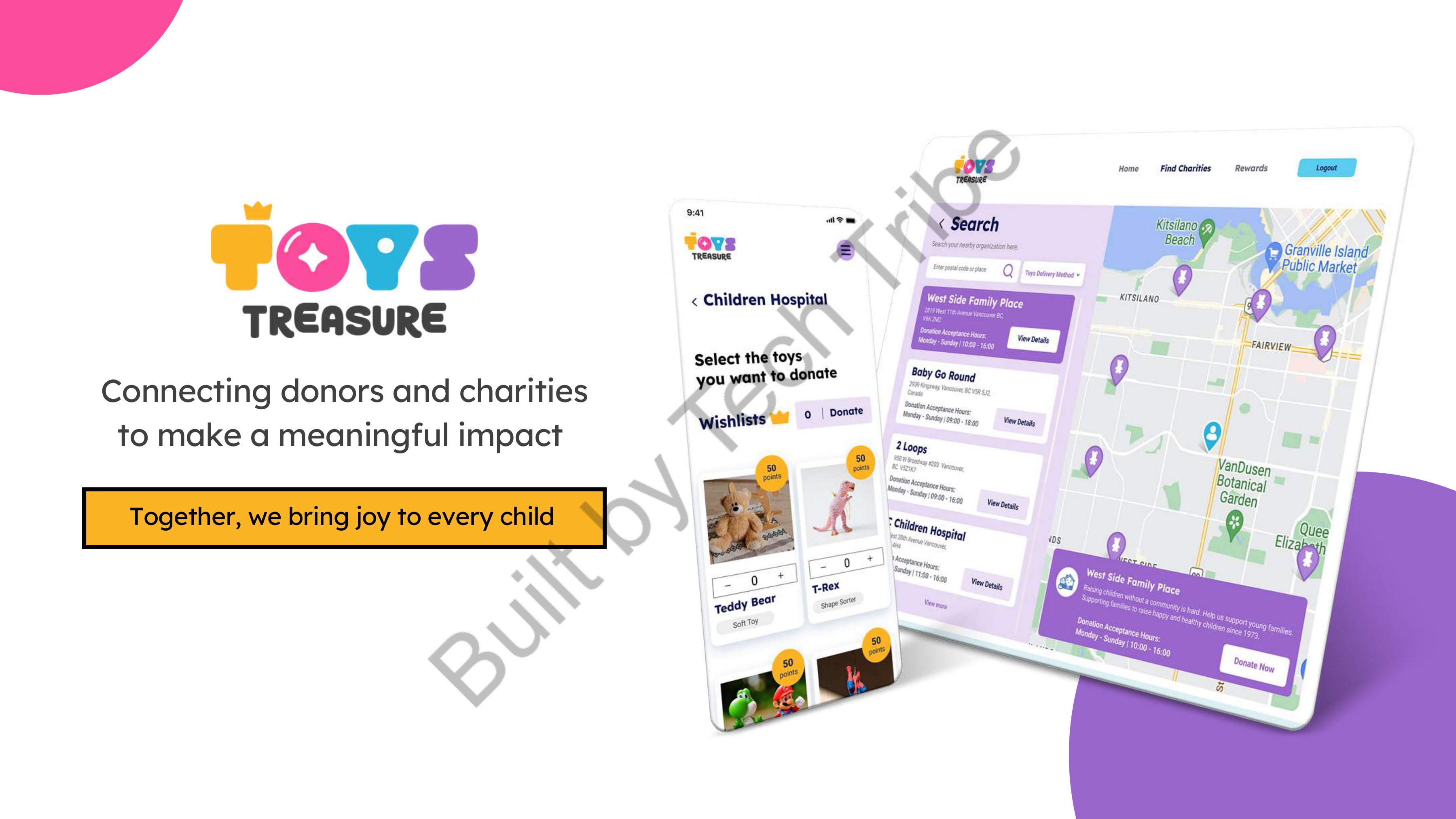 Toy's Treasure app mockups, donation flow and map view