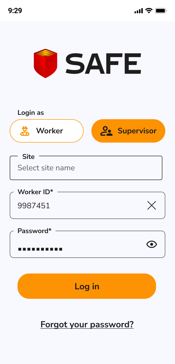 SAFE login screen